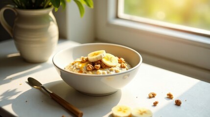A bowl of creamy porridge topped with sweet banana slices and crunchy nuts, bathed in warm sunlight by a windowsill