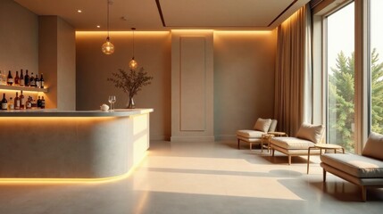 Fototapeta premium Serene Minimalist Lounge with Curved Bar and Ambient Lighting, Featuring Soft Seating and Expansive Window Views