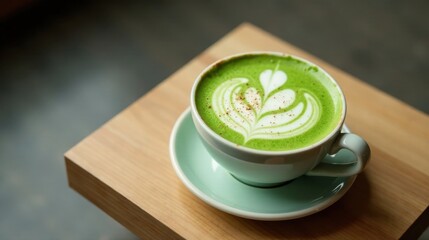 Aromatic Green Tea Latte with Delicate Foam Art on Wooden Tray