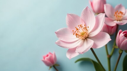 Obraz premium Delicate Pink Blossoms on a Pastel Background A Close-Up Study of Springtime Flora