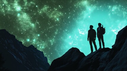 Fototapeta premium Starry Night Hikers: A Celestial Adventure