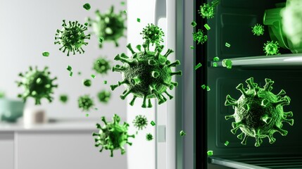 A graphic representation of viruses in green, emerging from a refrigerator, illustrating concerns about food safety and contamination.