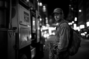 Obraz premium Young male worker standing near vehicle at night in urban environment, carrying tools, observing surroundings in black and white photography with a somber mood.