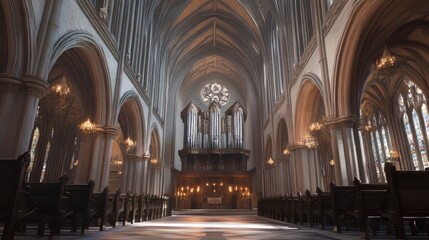 Fototapeta premium Grand church interior with pipe organ