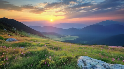 Mountain valley at sunrise, showcasing Slovakia's natural landscape