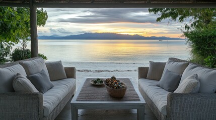 Sunset beach view from patio lounge. Relaxation, tropical vacation getaway