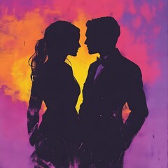 Silhouette of a romantic couple against a vibrant sunset.