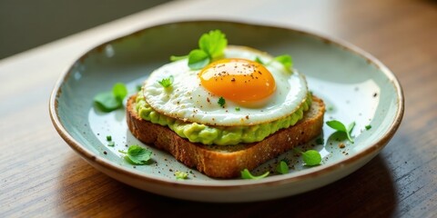 A perfectly fried egg atop creamy avocado mash on toasted bread, garnished with fresh herbs, served on a rustic plate.