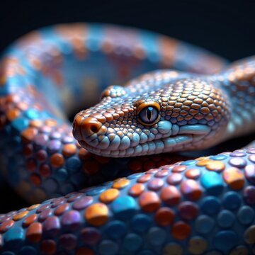 Iridescent scales glisten in platinum light, showcasing Reticulated python's unique pattern, reticulated snake, herpetology, platinum python