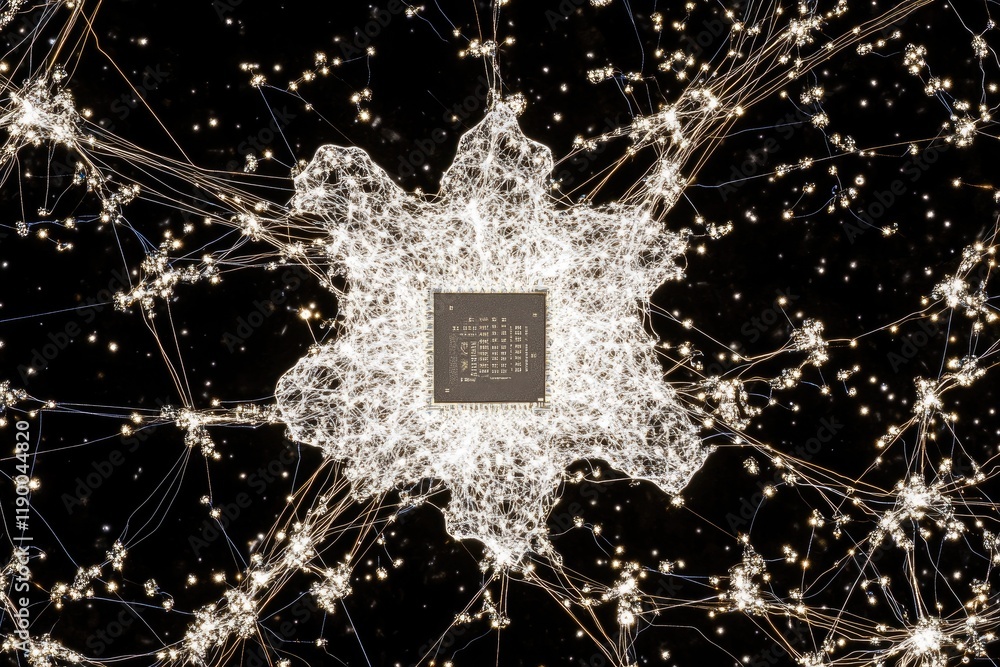 Poster central processor in a network of lights - conceptual image of connectivity and technology