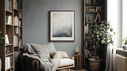 Cozy Reading Nook in a Stylish Interior with Framed Artwork, Showcasing a Serene Atmosphere Perfect for Relaxation and Escape in a Modern Living Space