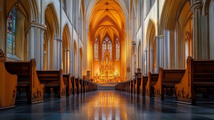 Fototapeta premium Serene church interior, sunlight beams