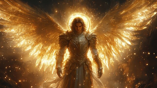 archangel michael divine protector adorned in armor and wings with a radiant halo digital painting