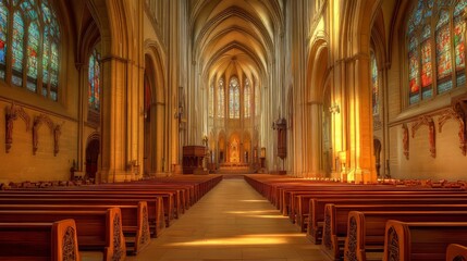Fototapeta premium Sunlit church interior with pews