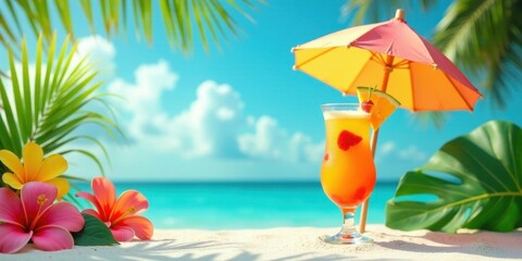 Tropical Beach Paradise A Refreshing Cocktail Under a Colorful Parasol with Vibrant Flowers