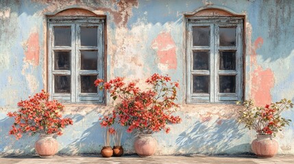 Rustic House, Bougainvillea,  Windows,  Pottery, Sunny Day,  Exterior, Design