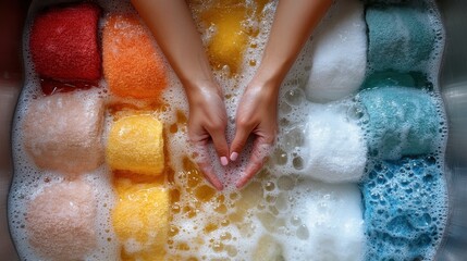 Fototapeta premium asian housewife s hands in an aluminum basin top view bubble dishing colored white towels concept of laundr