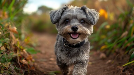 at dusk a small adorable dog runs and plays in a verdant meadow the dog has a black leash o