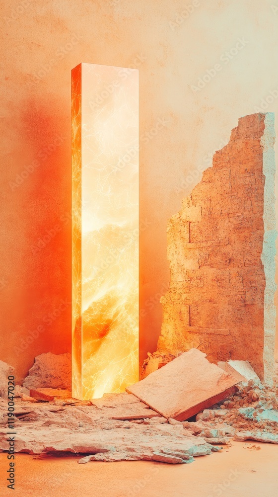 Poster illuminated monolith in abandoned space - a glowing vertical structure in a decaying room.