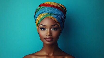 A vibrant portrait of an African woman with a colorful headwrap, perfect for Black History Month promotions, cultural events, or empowering campaigns.