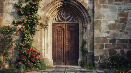 Ornate wooden door in stone archway