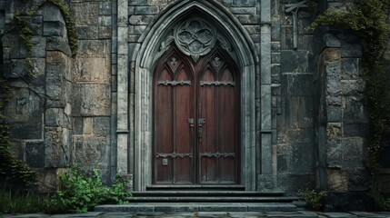 Ancient wooden doors in stone archway