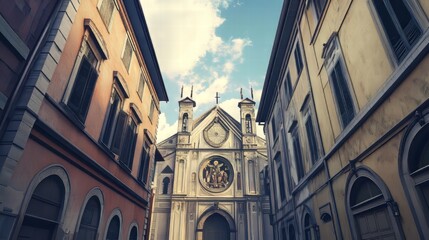 Obraz premium Church facade between old buildings