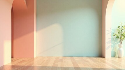 Serene Minimalist Interior Design with Pastel Walls and Wooden Floor Featuring Sunlight and a Potted Plant
