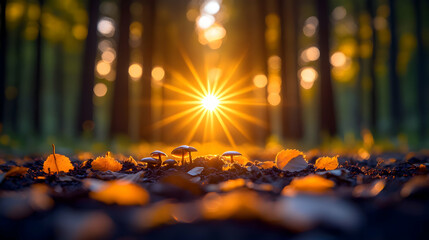 Autumn Sunset Mushrooms: Forest Illustration
