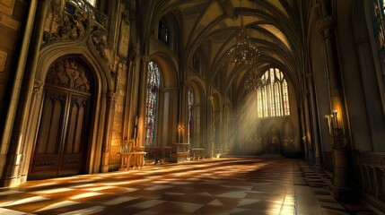 Sunlit Gothic Cathedral Interior