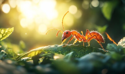Obraz premium Red ant on leaf, sunset background, nature macro