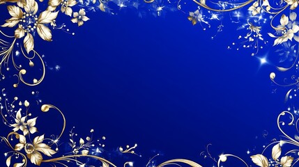 Golden Floral Frame On Blue Background Design