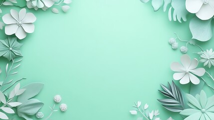 Fototapeta premium Mint Green Background With Paper Flowers And Leaves