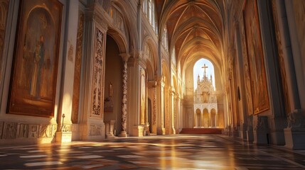 Fototapeta premium Sunlit aisle in a grand cathedral