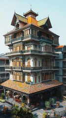 Fototapeta premium Historic Multi-Story Building in Urban Setting with Vibrant Roof Tiles