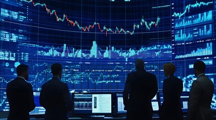 Diverse Team of Entrepreneurs Engaged in Brainstorming Session in Modern Office Space with High-Tech Data Displays and Financial Graphs