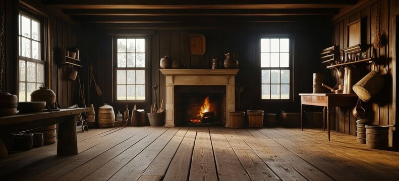 Inside a rustic cabin from the 1700s or early 1800s.