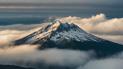 A single mountain peak surrounded by misty clouds
