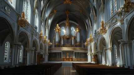 Fototapeta premium Grand church interior with pipe organ