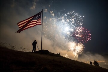 Obraz premium American flag on hilltop with fireworks
