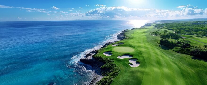 Long par 5 hole showcasing the beauty of a sunny seaside resort.