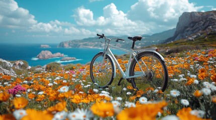 bicycle in a meadow with flowers and the sea in the background