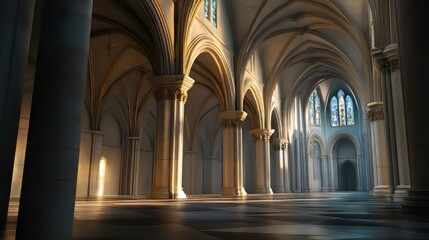 Fototapeta premium Sunlit Gothic Hallway Interior