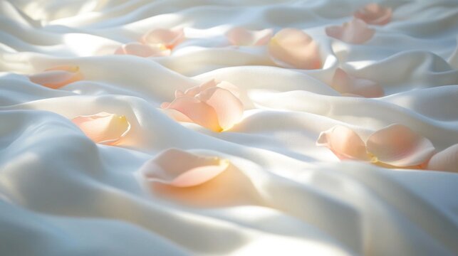 Delicate Rose Petals Scattered on White Silk Fabric