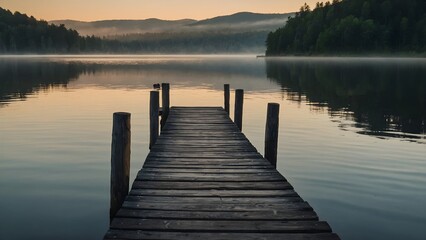 Fototapeta premium A lone wooden pier extending into a calm lake at dawn