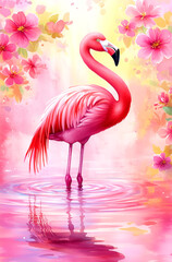 Naklejka premium A pink flamingo is standing in a pond with pink flowers in the background. The image has a serene and peaceful mood, with the flamingo being the focal point of the scene