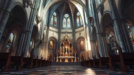 Fototapeta premium Grandiose church interior, sunlight streams in.