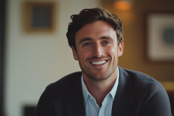 Obraz premium Professional portrait of a confident CEO smiling in business attire with a modern office background