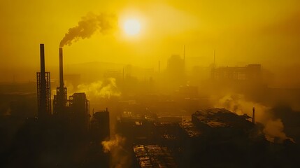 Obraz premium Dramatic Aerial View of Industrial Factory Complex Enveloped in Thick Smog and Golden Sunset, Portraying the Essence of Urban Pollution and Industrial Activity