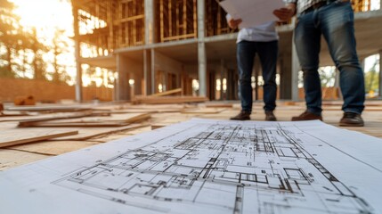Obraz premium Blueprints placed on construction site floor with two engineers reviewing documents in background, highlighting architectural planning and building progress at sunset.